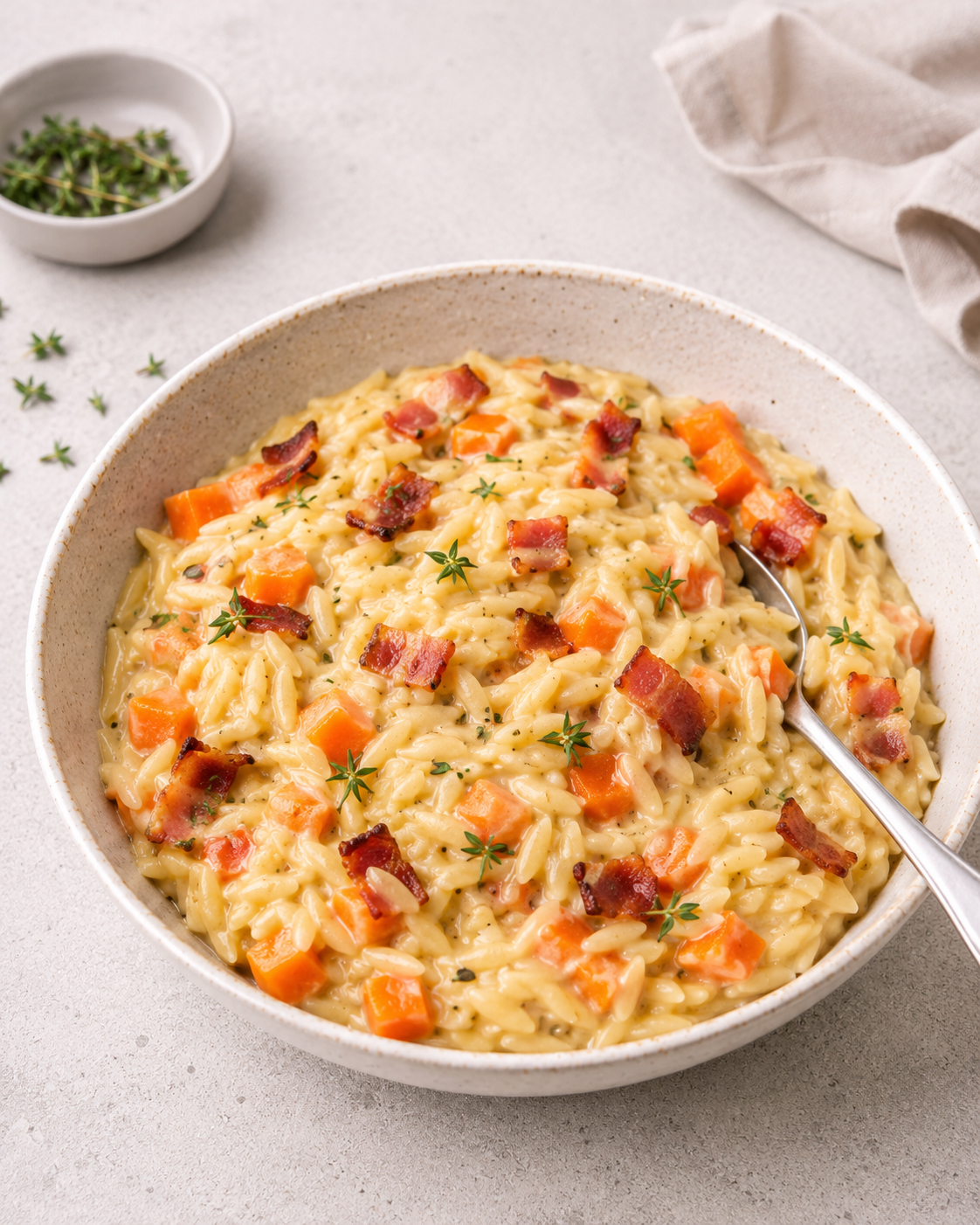 Orzo crémeux aux lardons & carottes