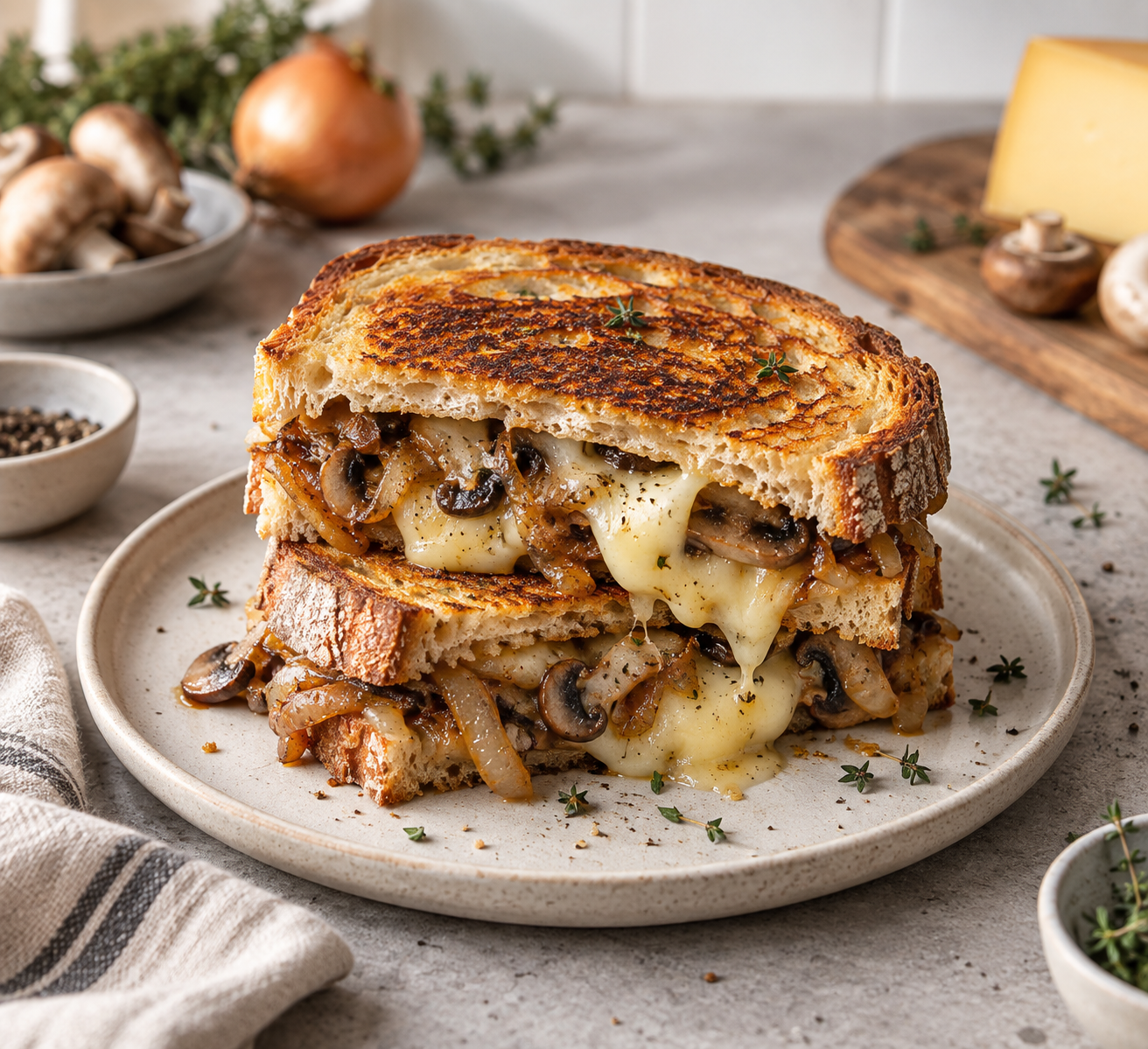 Croque-monsieur gouda, oignons caramélisés, champignons